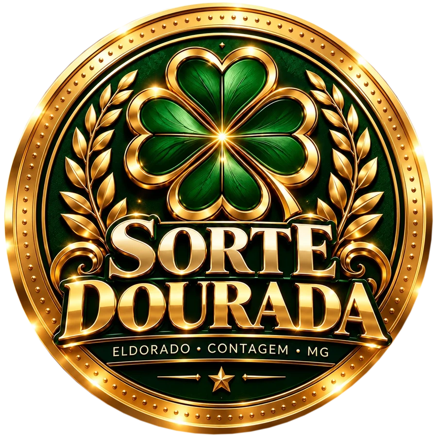 Medalhão da Lotérica Sorte Dourada: ferradura, trevo, moedas e diamantes em ouro